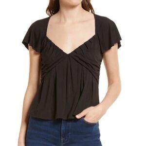 Frame Shirred Flounce Top Short Flutter Sleeves Black Cropped Size Medium